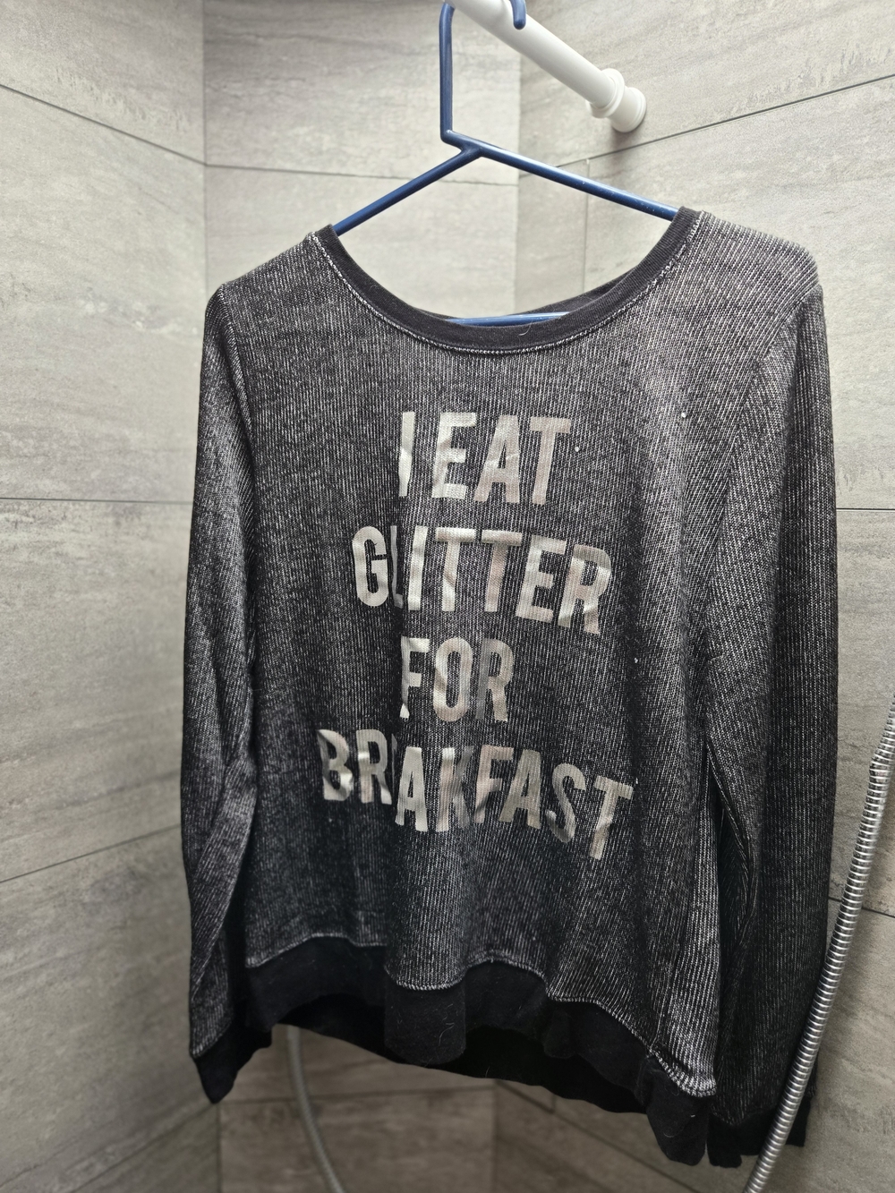 Graphic Long-Sleeve Women's Top in Charcoal with 'I Eat Glitter for Breakfast'